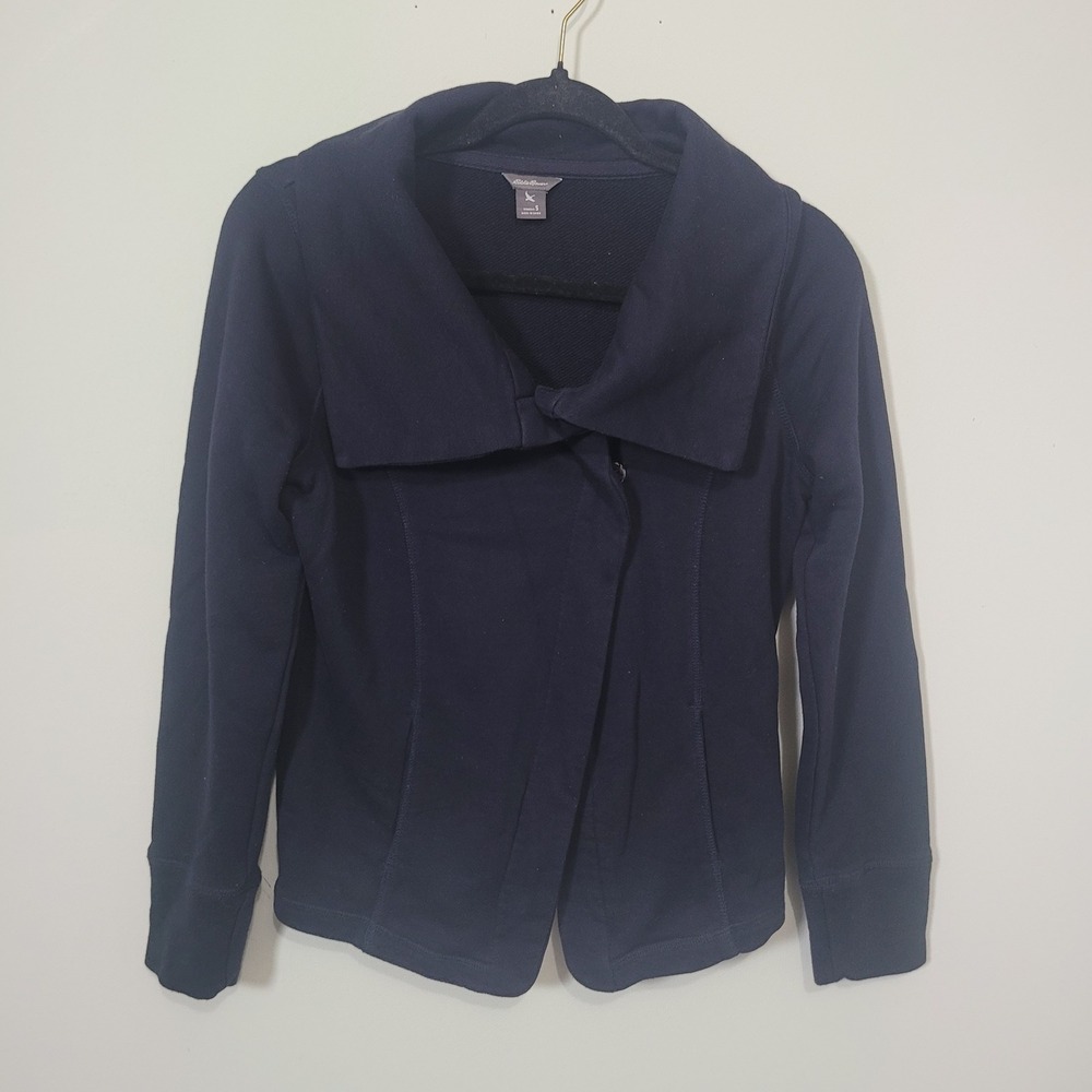 Eddie Bauer Small Wrap Jacket Womens Navy Blue Asymmetrical Shawl Collar Fleece